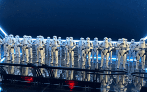 Lined up Storm Troopers at Star Wars: Galaxy's Edge "Rise of the Resistance" attraction.